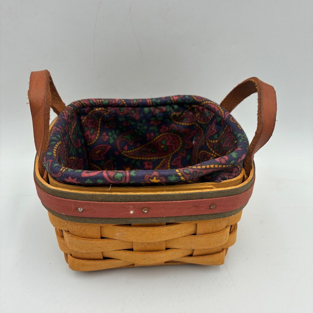 Longaberger 1999 Small Square Handwoven Basket Leather Handles Paisley Liner
